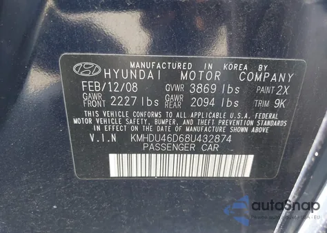 2008 Hyundai Elantra Gls/Se z USA, uszkodzony, nr VIN KMHDU46D68U432874